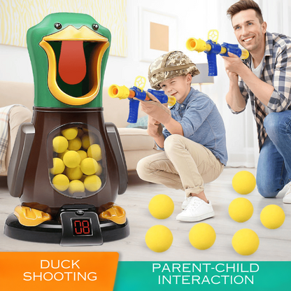 A man and a boy in a camouflage helmet take aim at the duck target, with foam balls scattered nearby 2