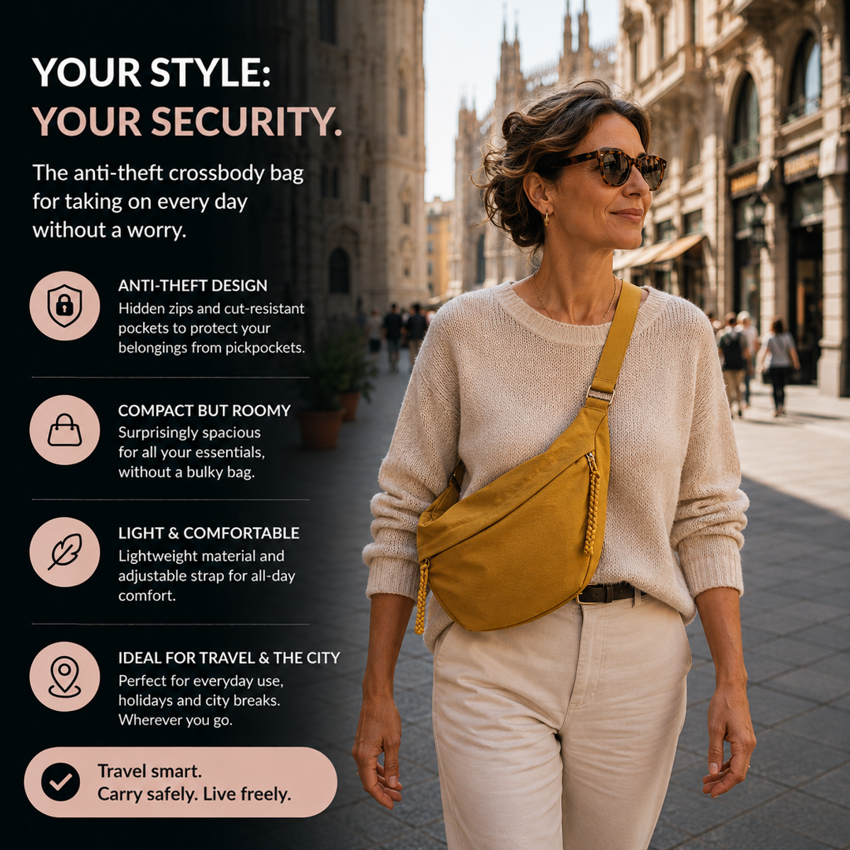 Woman in cream jumper and trousers wearing the ochre bag across her body on a city street, in a promotional graphic with feature icons. 2
