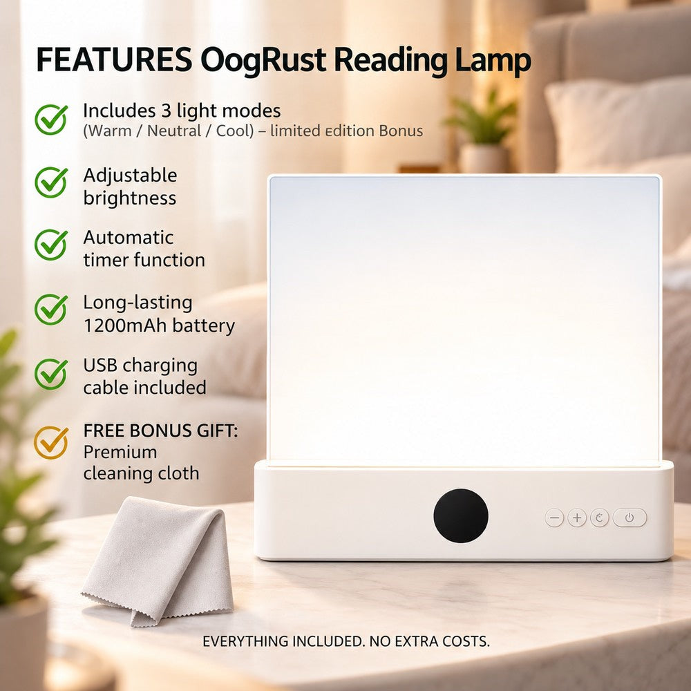 White standing light panel on a marble table beside a grey cleaning cloth, with a list of features 6