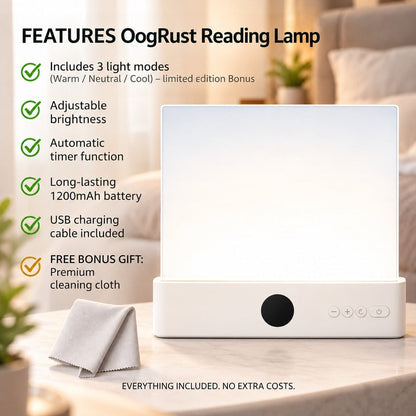 White standing light panel on a marble table beside a grey cleaning cloth, with a list of features 6