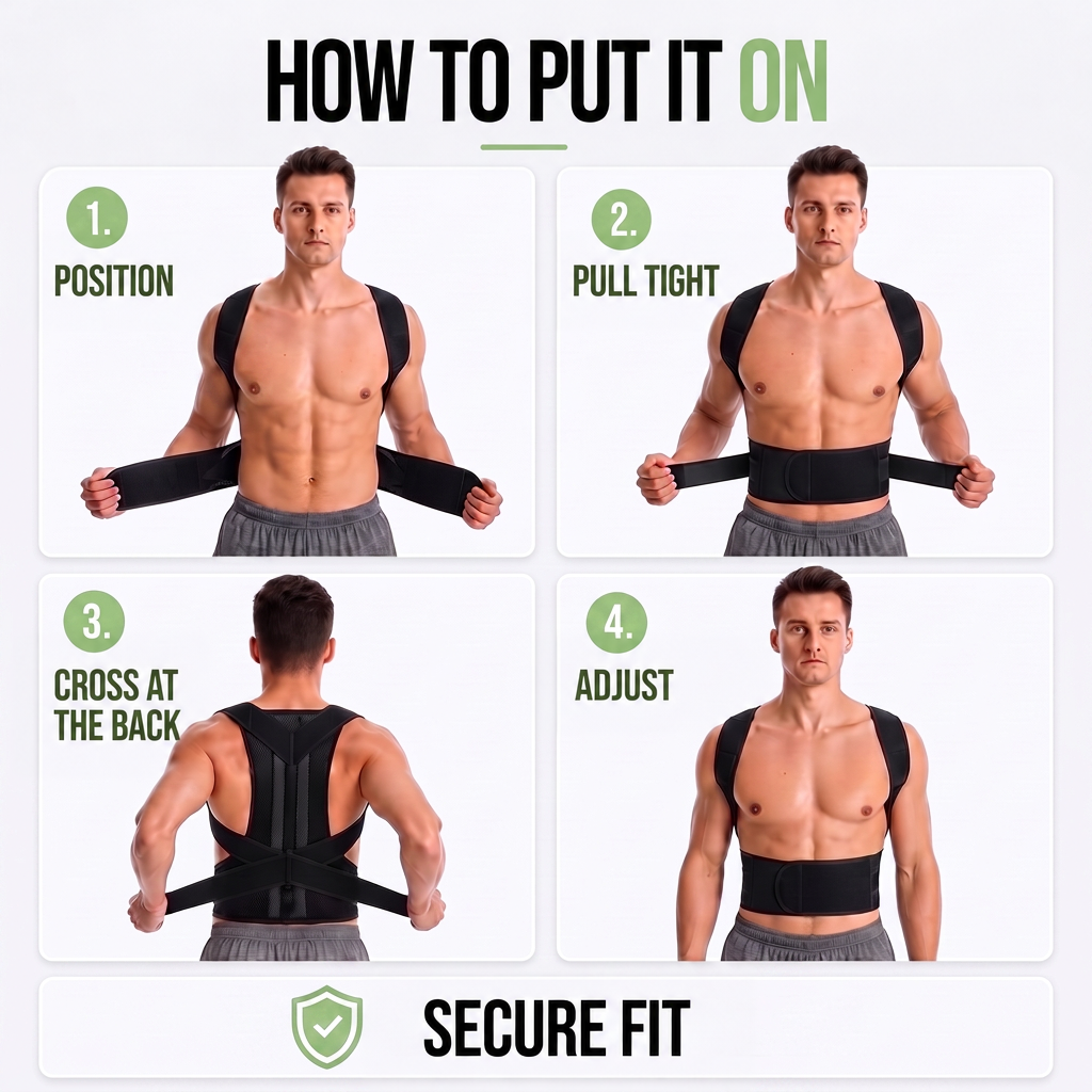 Four-step panel showing a man putting on the black brace: positioning, tightening, crossing the straps behind, then adjusting the fit. 8