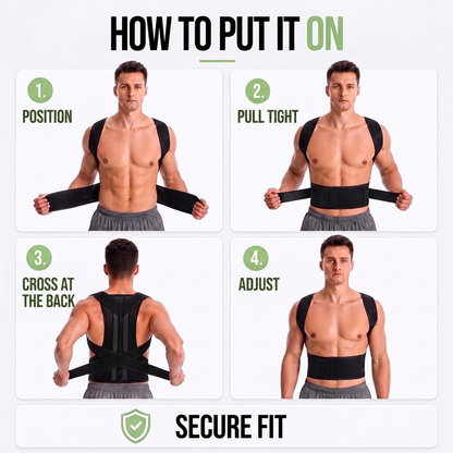 Four-step panel showing a man putting on the black brace: positioning, tightening, crossing the straps behind, then adjusting the fit. 8