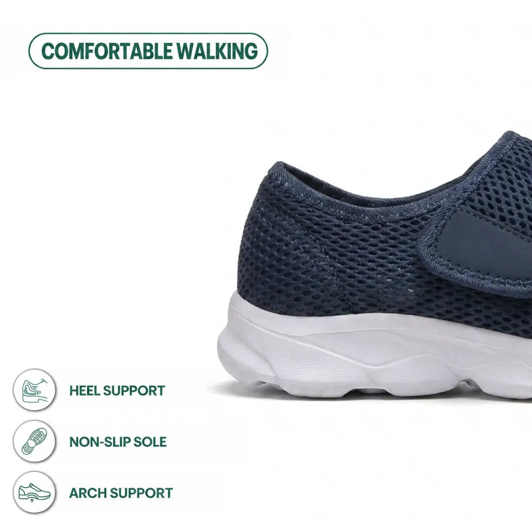 Close-up of the navy shoe's heel and white sole, with icons for heel support, non-slip sole and arch support. 4