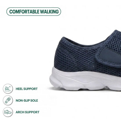 Close-up of the navy shoe's heel and white sole, with icons for heel support, non-slip sole and arch support. 4