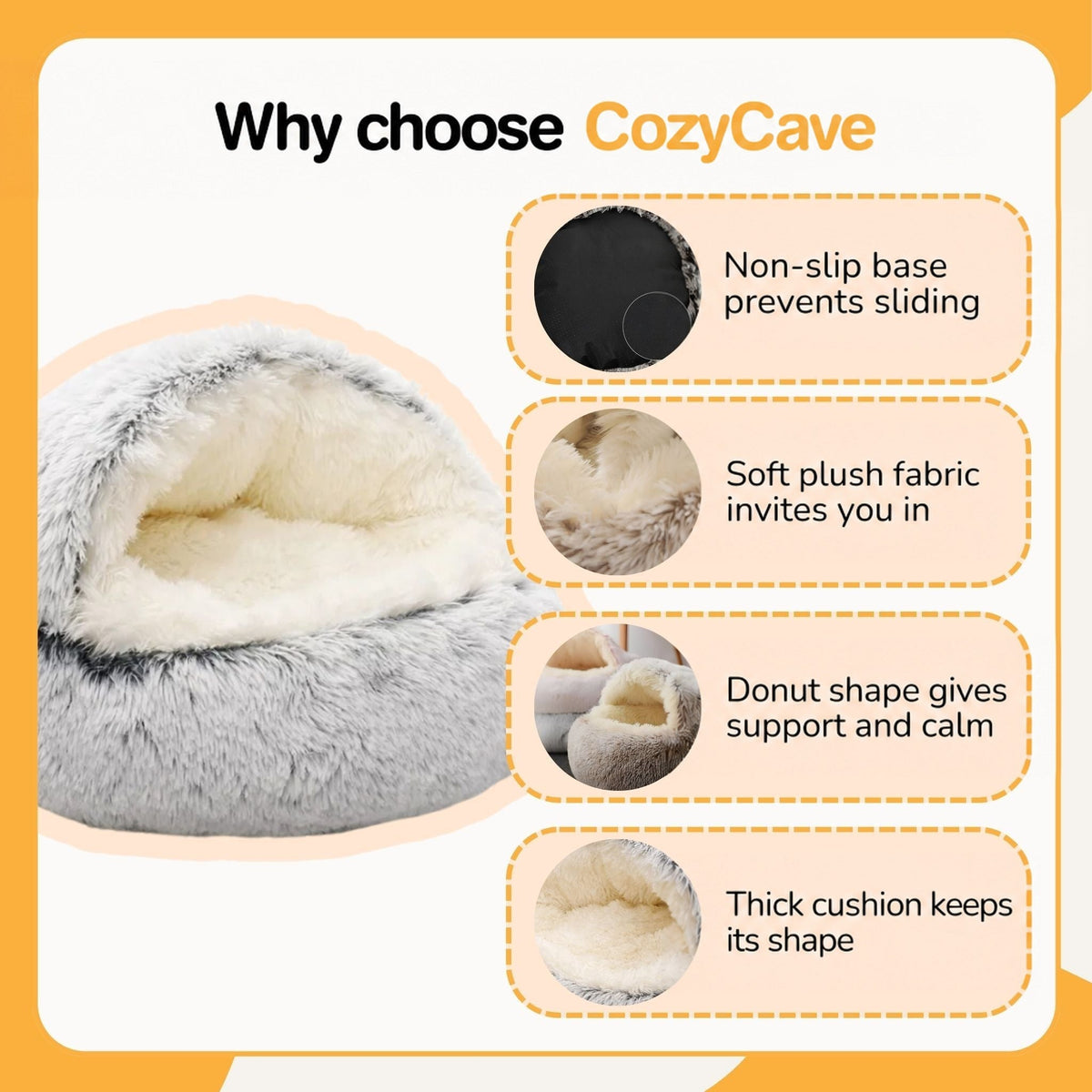 Grey hooded bed with a cream lining shown beside four small close-up circles of its features, with Dutch captions. 5