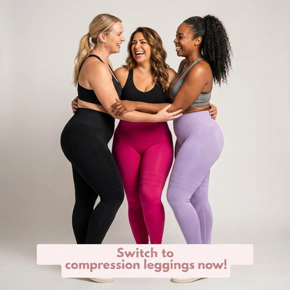 Three laughing women embracing in a studio, wearing black, magenta and lilac leggings with sports bras. 20