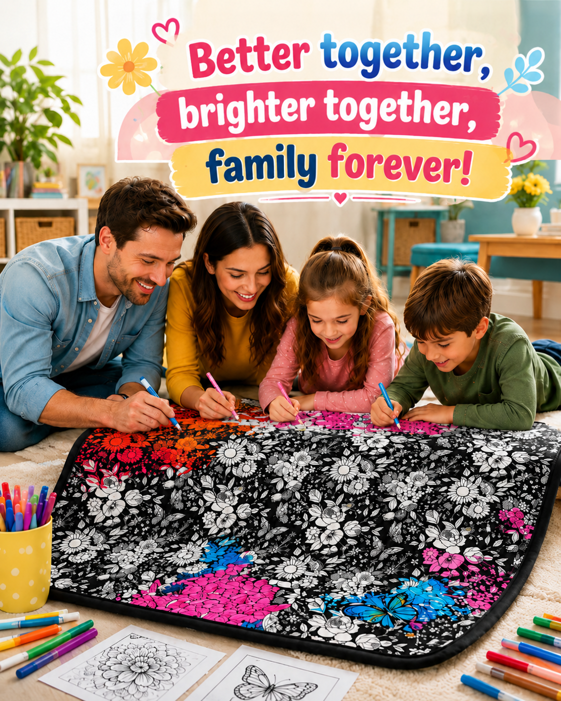 Family of four lying on the blanket, colouring its floral outlines with pens in pink, blue and orange 3