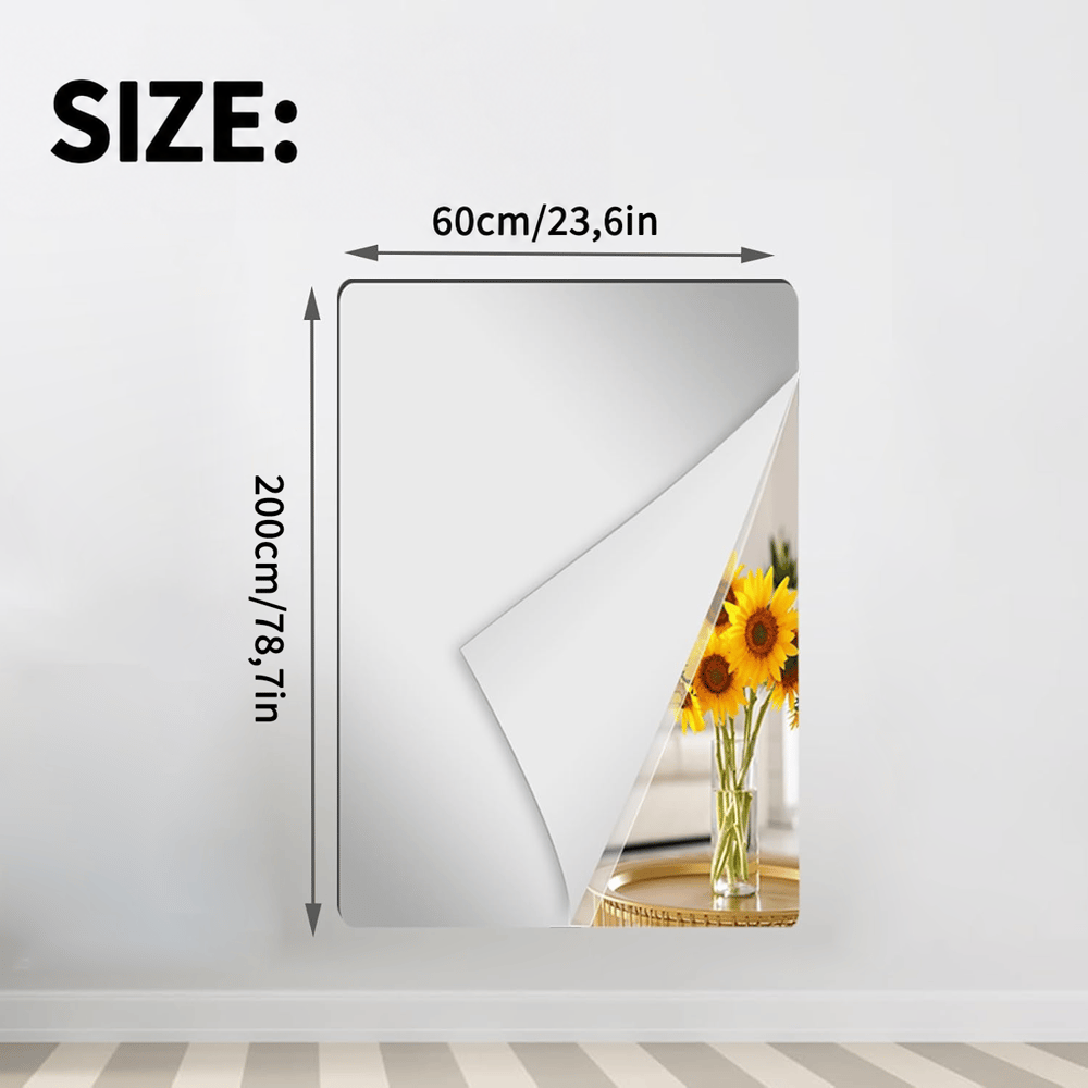 Widest and longest rectangular mirror sheet with a peeled corner revealing sunflowers, with its dimensions marked. 15