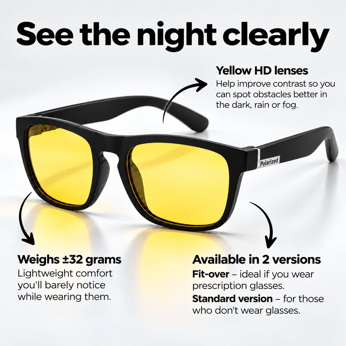 Matte black square-framed glasses with yellow lenses and arrows pointing out the lenses, the light weight and the two available versions. 5