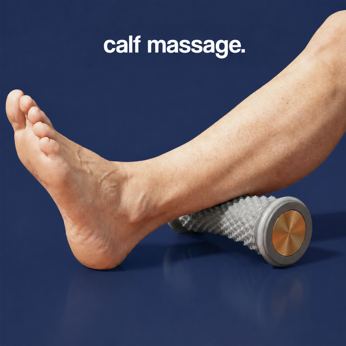 Bare lower leg resting its calf on the roller, foot raised off the floor 3