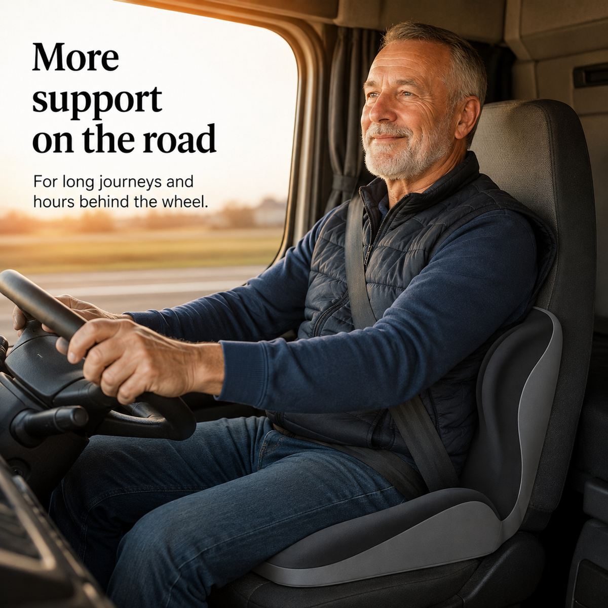 Man driving a lorry on a long journey with the grey cushion supporting his back and seat 5