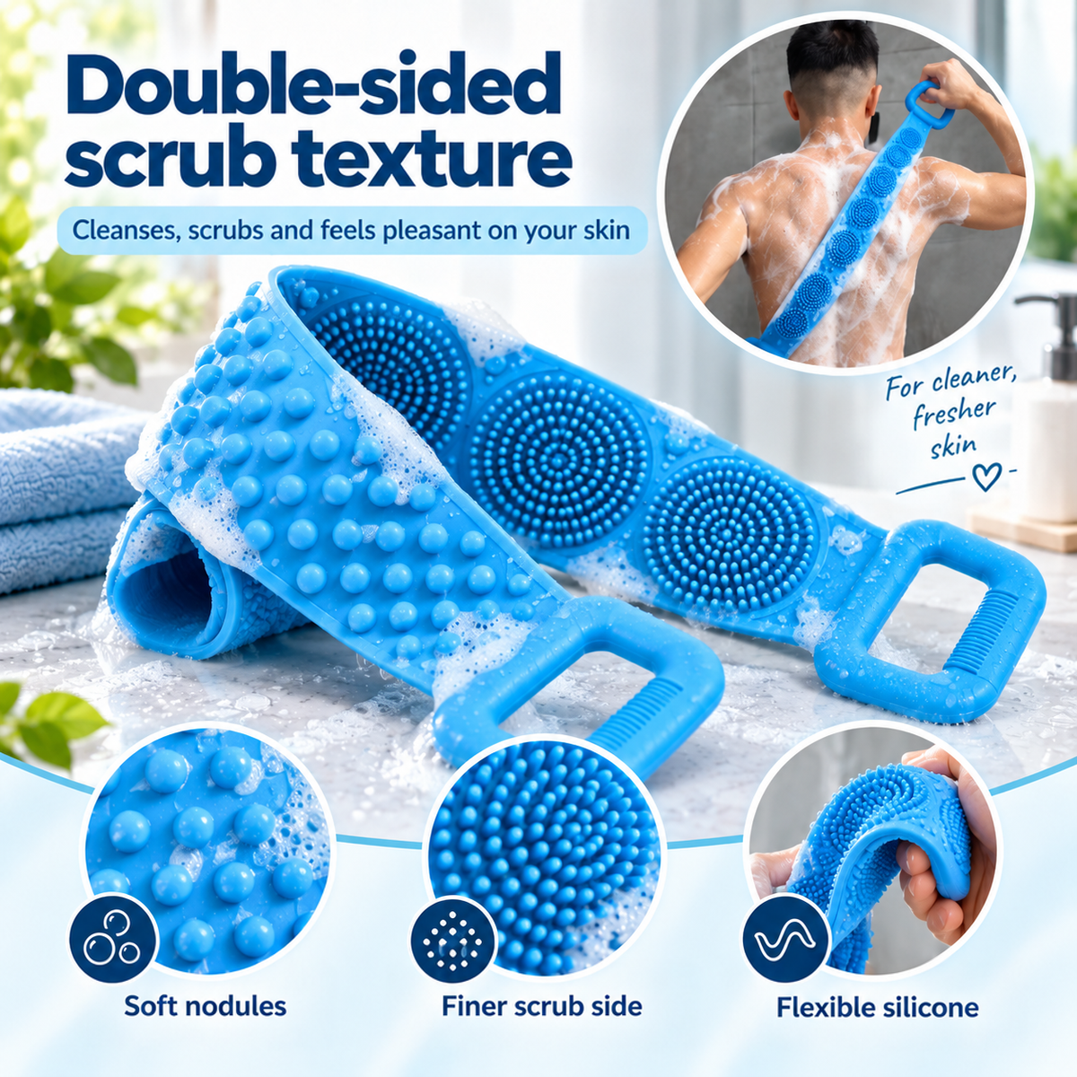 Both sides of the blue scrubber shown close up: soft bumps and fine bristle circles 7
