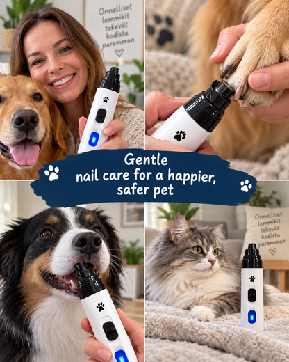 Four-photo collage with a smiling woman, a dog, a cat and the grinder, with a banner across the centre 13