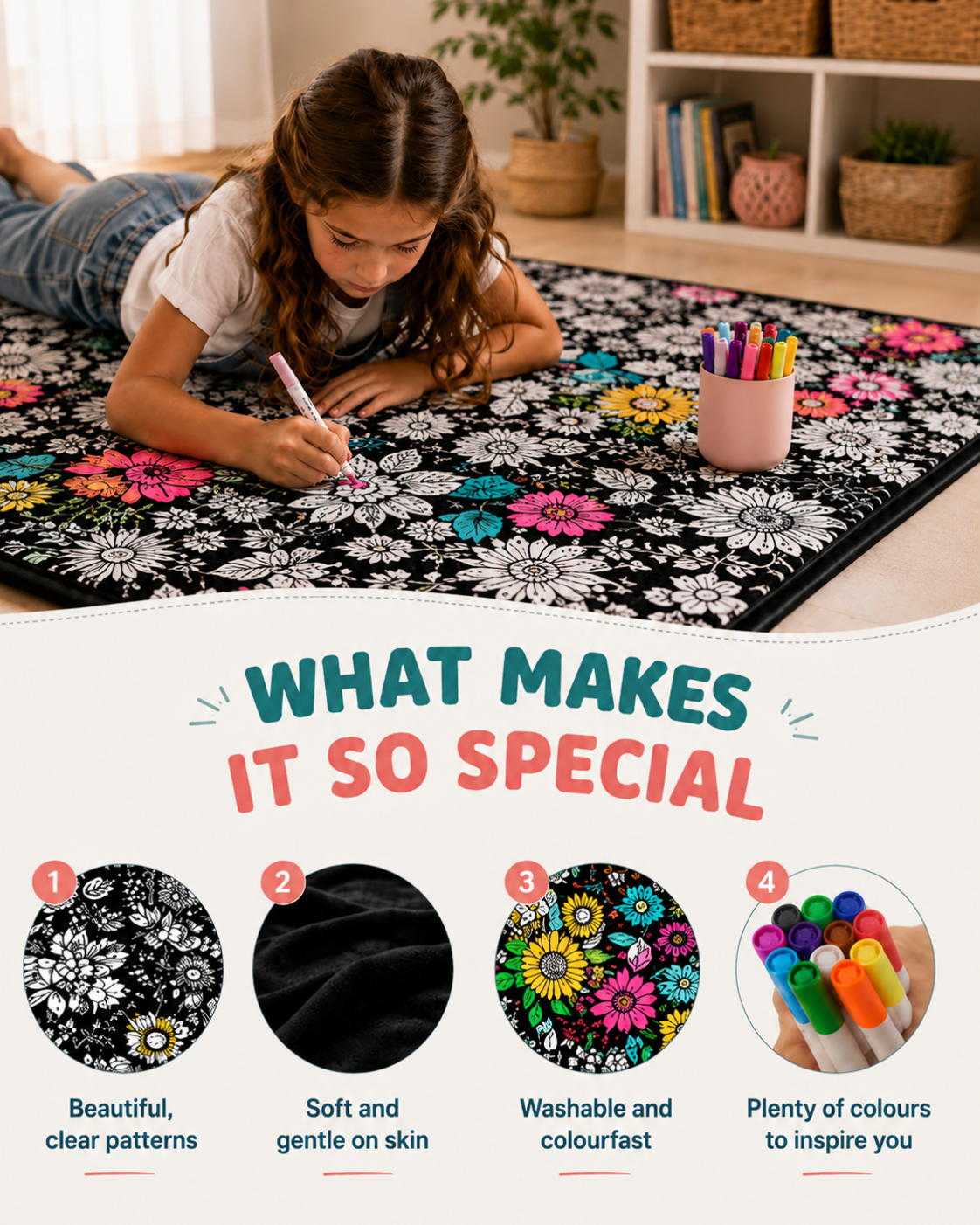 Girl lying on the blanket colouring a flower, above four circular close-ups of its pattern, soft fabric and pens 6