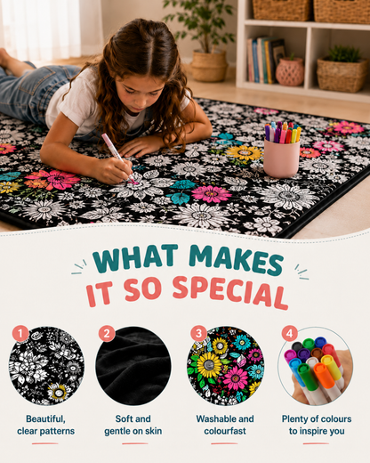 Girl lying on the blanket colouring a flower, above four circular close-ups of its pattern, soft fabric and pens 6