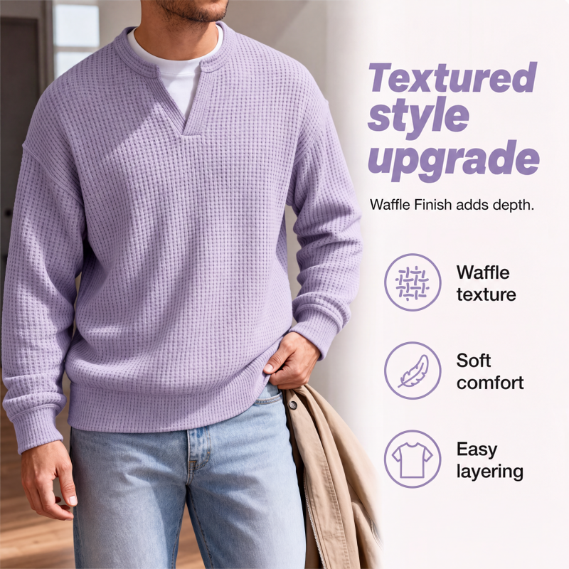 Close-up of the lilac waffle knit texture and V-neck layered look, worn with light jeans and a beige jacket held in hand. 3