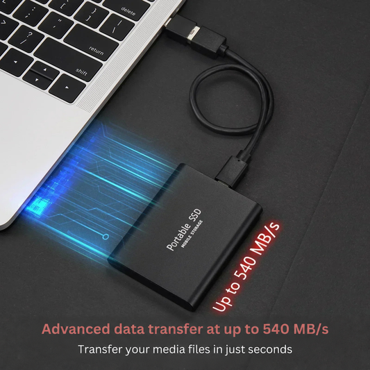 Black slim drive connected by a cable to a laptop, with blue light streaks suggesting fast transfer 2
