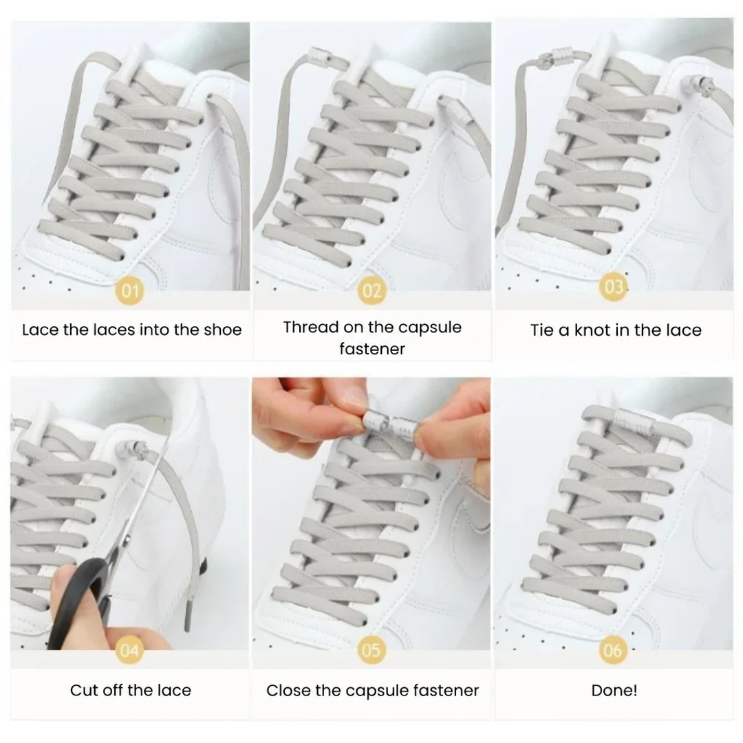 Six-step instruction collage showing the laces threaded, capsule fitted, knotted, trimmed and closed on a white trainer 2