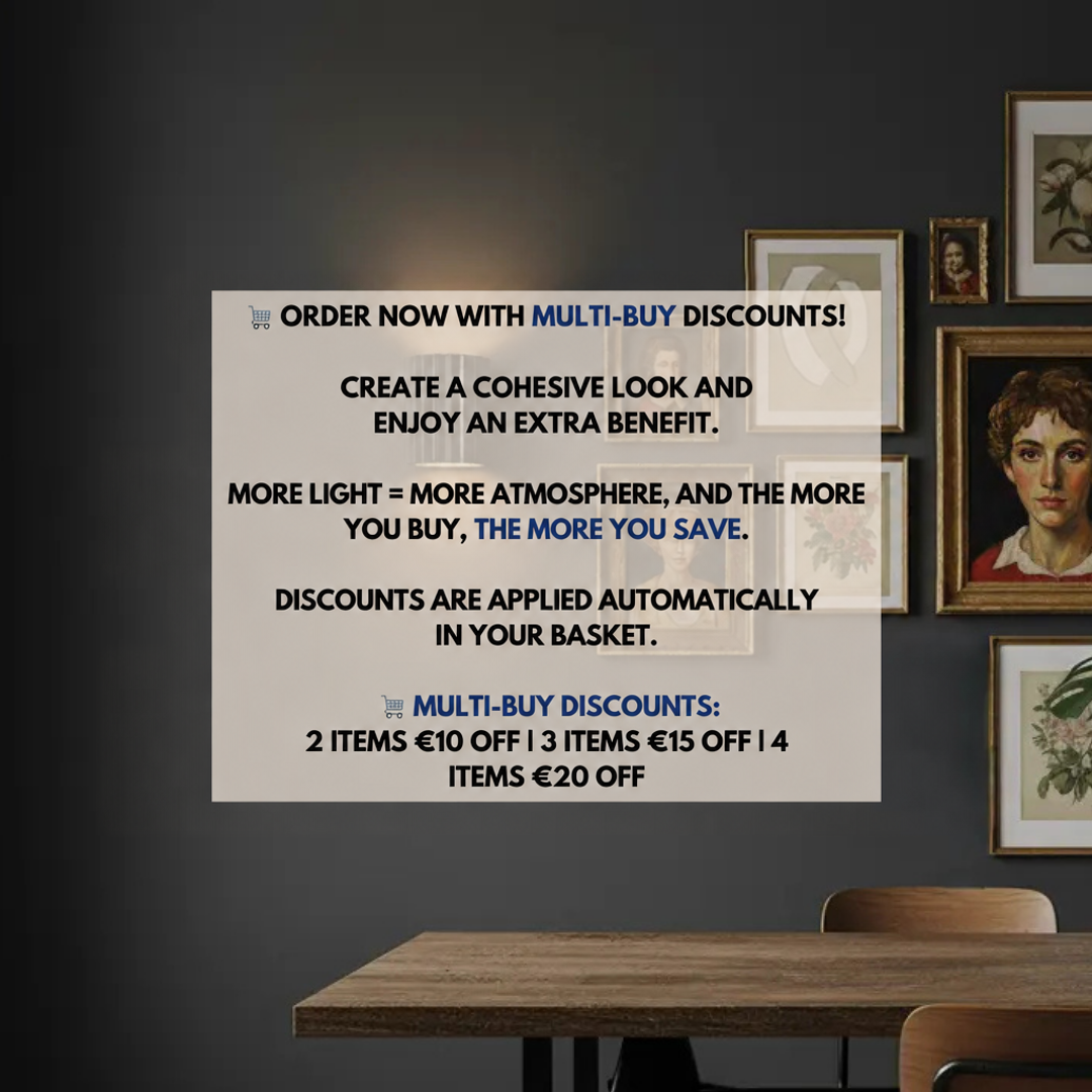 Dimly lit dining room with a fluted wall light beside a gallery of framed portraits, with promotional text overlaid 2