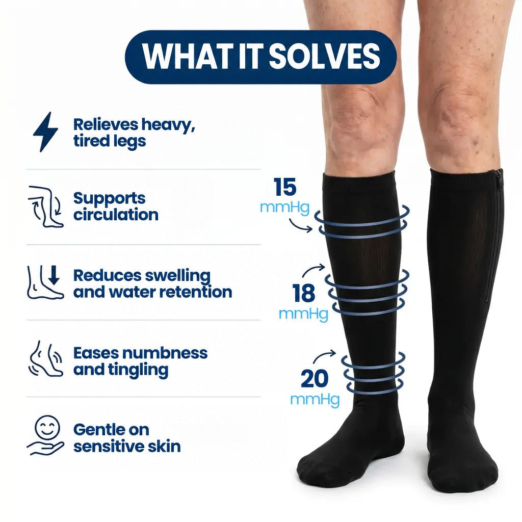 Pair of black zip stockings worn standing, with pressure rings marked at three points on the leg 6