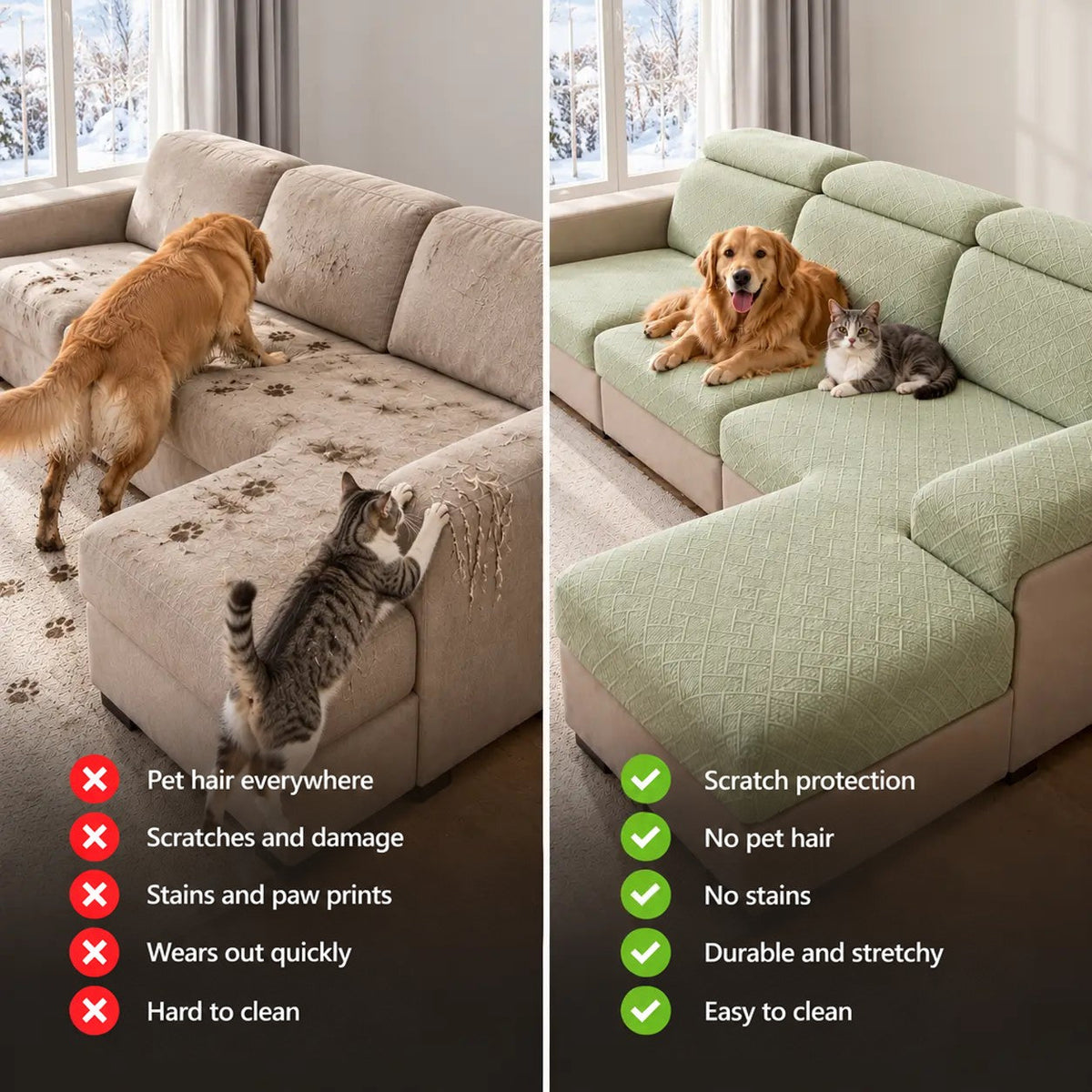 Before-and-after comparison: scratched, hairy sofa with pets versus tidy sage green covered sofa with dog and cat 2