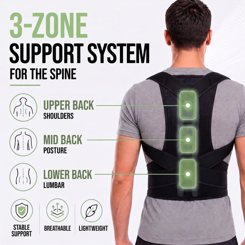 Man from behind in the black brace with three highlighted support zones along the upper, middle and lower back. 6