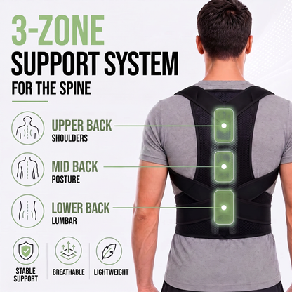 Man from behind in the black brace with three highlighted support zones along the upper, middle and lower back. 6