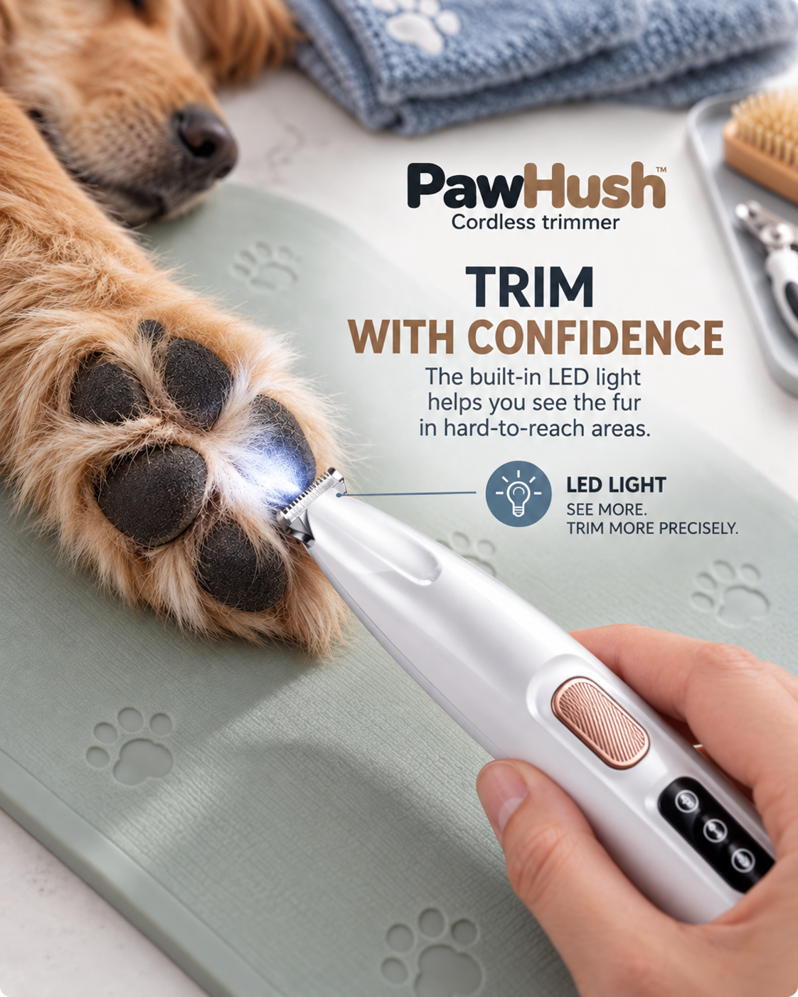 Trimmer's LED light shining on a dog's paw pads as a hand trims between them 7