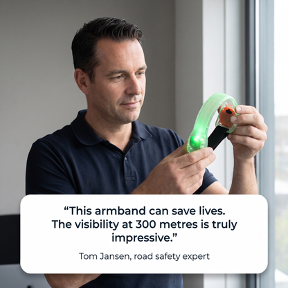 Man in a navy polo shirt examining the glowing green armband, with a testimonial quote below 7