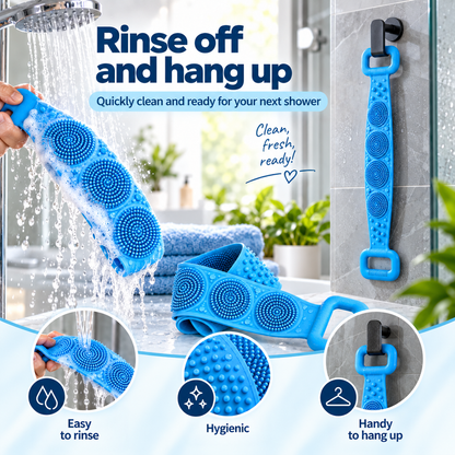 Blue scrubber being rinsed under the shower and hanging from a black hook on the tiles 4