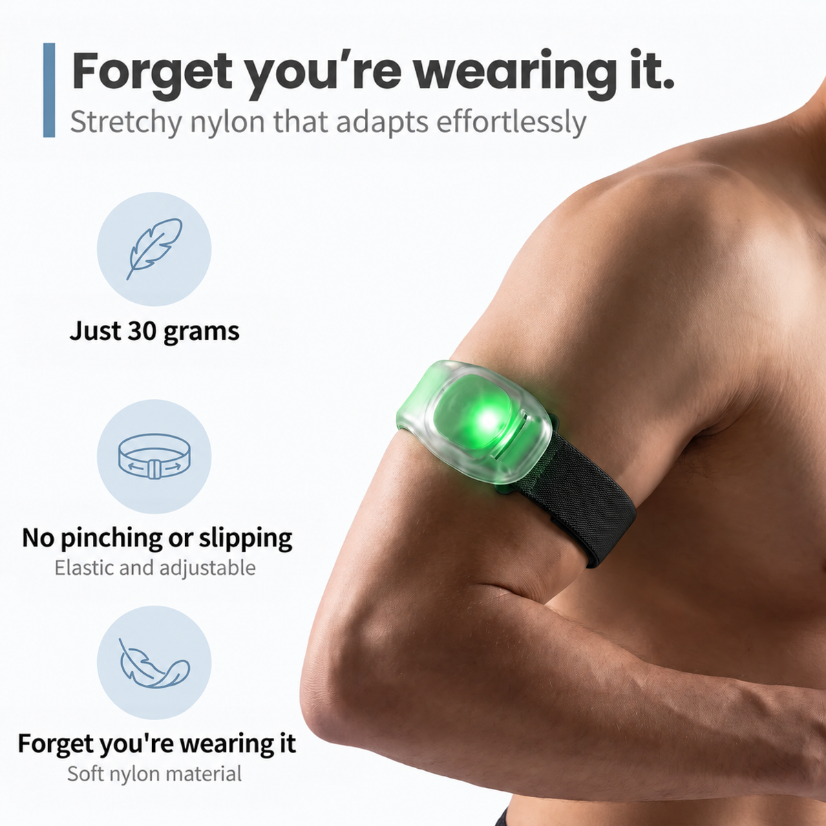Close-up of the armband glowing green on a bare upper arm, with feature icons beside it 4
