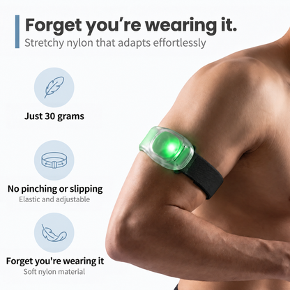 Close-up of the armband glowing green on a bare upper arm, with feature icons beside it 4
