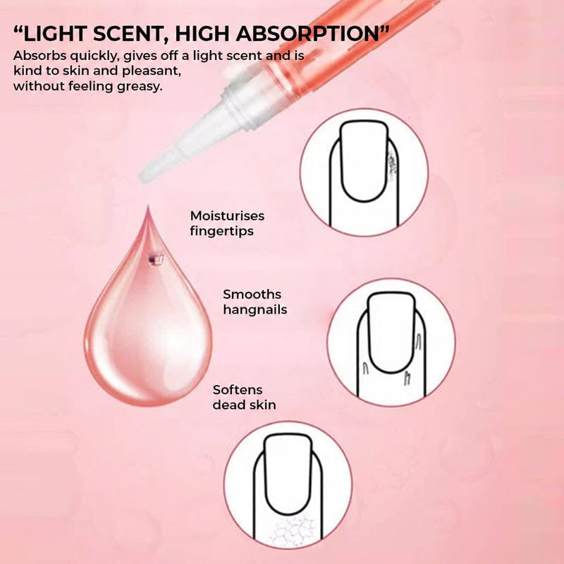 Pen releasing a pink droplet beside three nail diagrams showing softened cuticles, with German captions 8