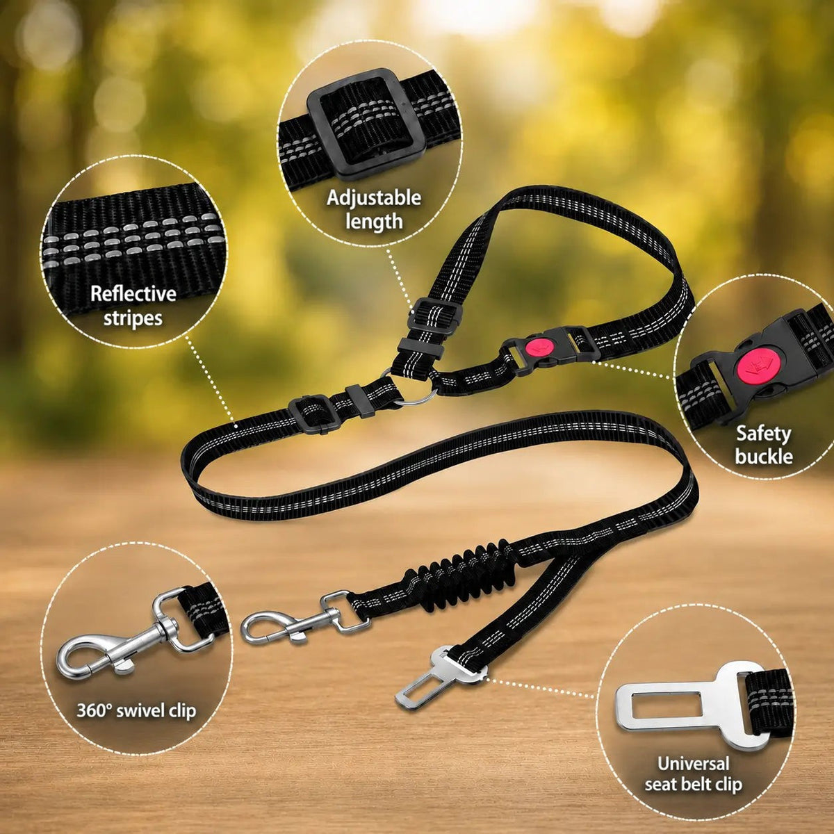 Black strap laid out with close-up circles showing the adjuster, reflective stripes, safety buckle, swivel clip and seat belt 4