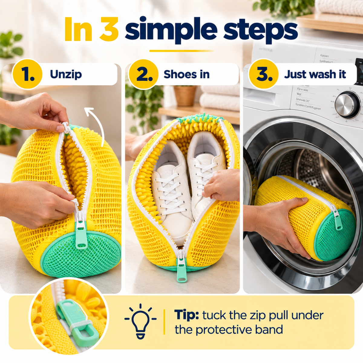 Three-step demonstration of unzipping the bag, putting trainers in and placing it in the washing machine 6