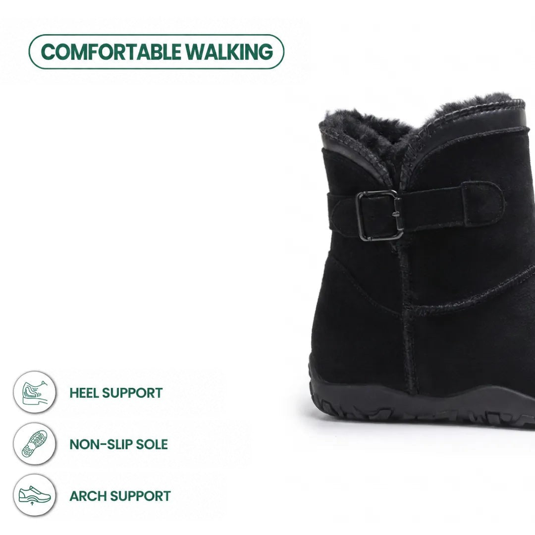 Black boot cropped to show the buckle and heel, with icons for heel support and grip 13