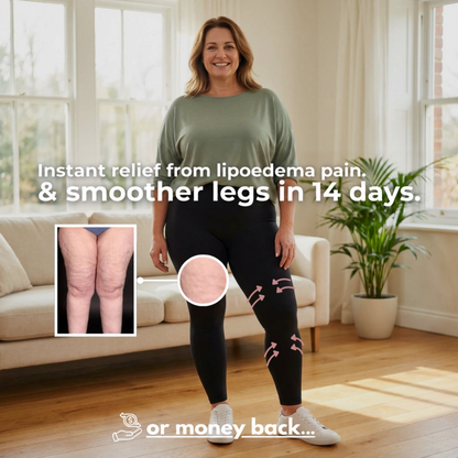 Smiling woman in black leggings and green top standing in a bright living room, with an inset leg close-up and arrows. 17