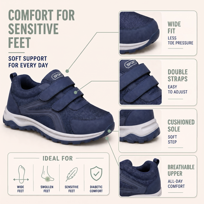 Infographic of the navy shoe with detail panels of toe, straps, sole and upper, plus icons for comfort needs 4