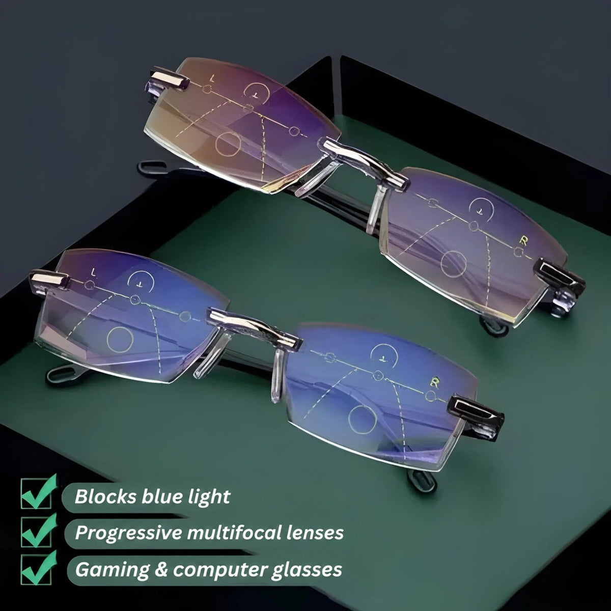 Two pairs of rimless glasses on a green surface, showing the faint progressive lens guide lines on each lens. 3