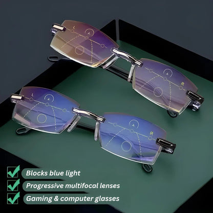 Two pairs of rimless glasses on a green surface, showing the faint progressive lens guide lines on each lens. 3