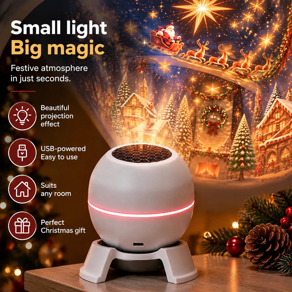 White globe projector with glowing red band beside pine cones, with a list of features and icons 3