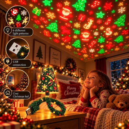 Smiling girl in pyjamas lying on a bed gazing up at festive shapes projected onto the ceiling by the lamp. 8