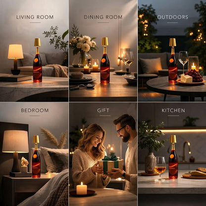 Collage of the gold-shaded bottle lamp in living room, dining room, garden, bedroom and kitchen, plus a gift scene 5