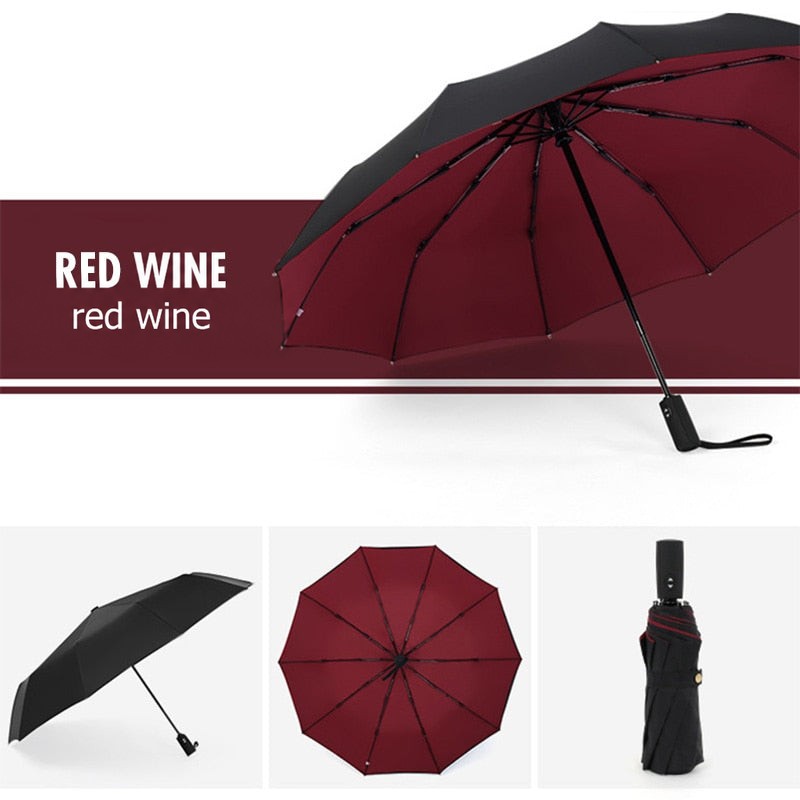 Umbrella with black outer canopy and deep red wine underside, shown open, from below and folded 4