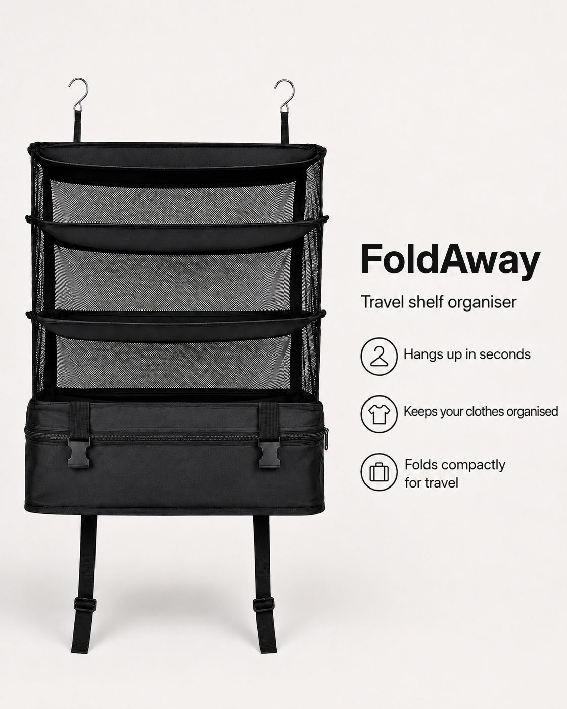 Empty black organiser hanging from two metal hooks, showing three mesh shelves, buckles and a zipped base 1