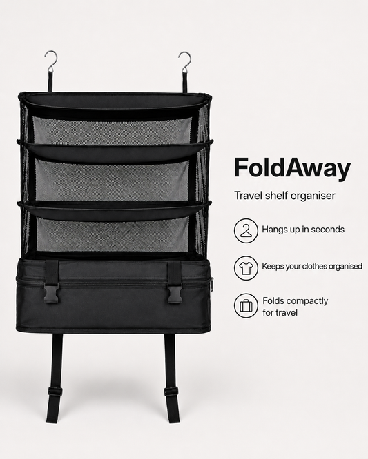 Empty black organiser hanging from two metal hooks, showing three mesh shelves, buckles and a zipped base 1