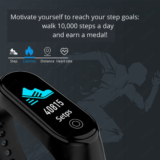 Close-up of the band's screen showing a trainer icon and step count, with a step-goal message 4