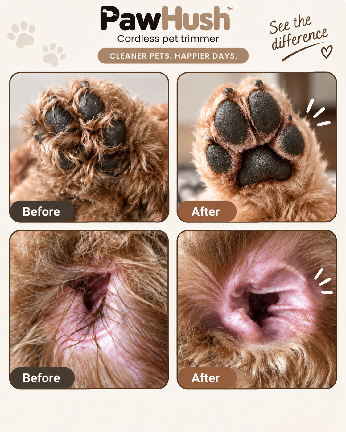 Before and after close-ups of a dog's paw and ear, showing tidier fur after trimming 5