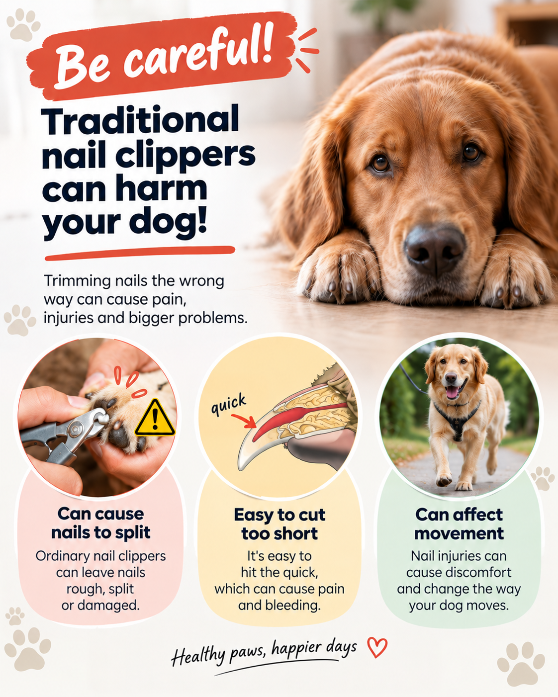 Infographic with a worried retriever and three small pictures showing problems with ordinary nail clippers 4