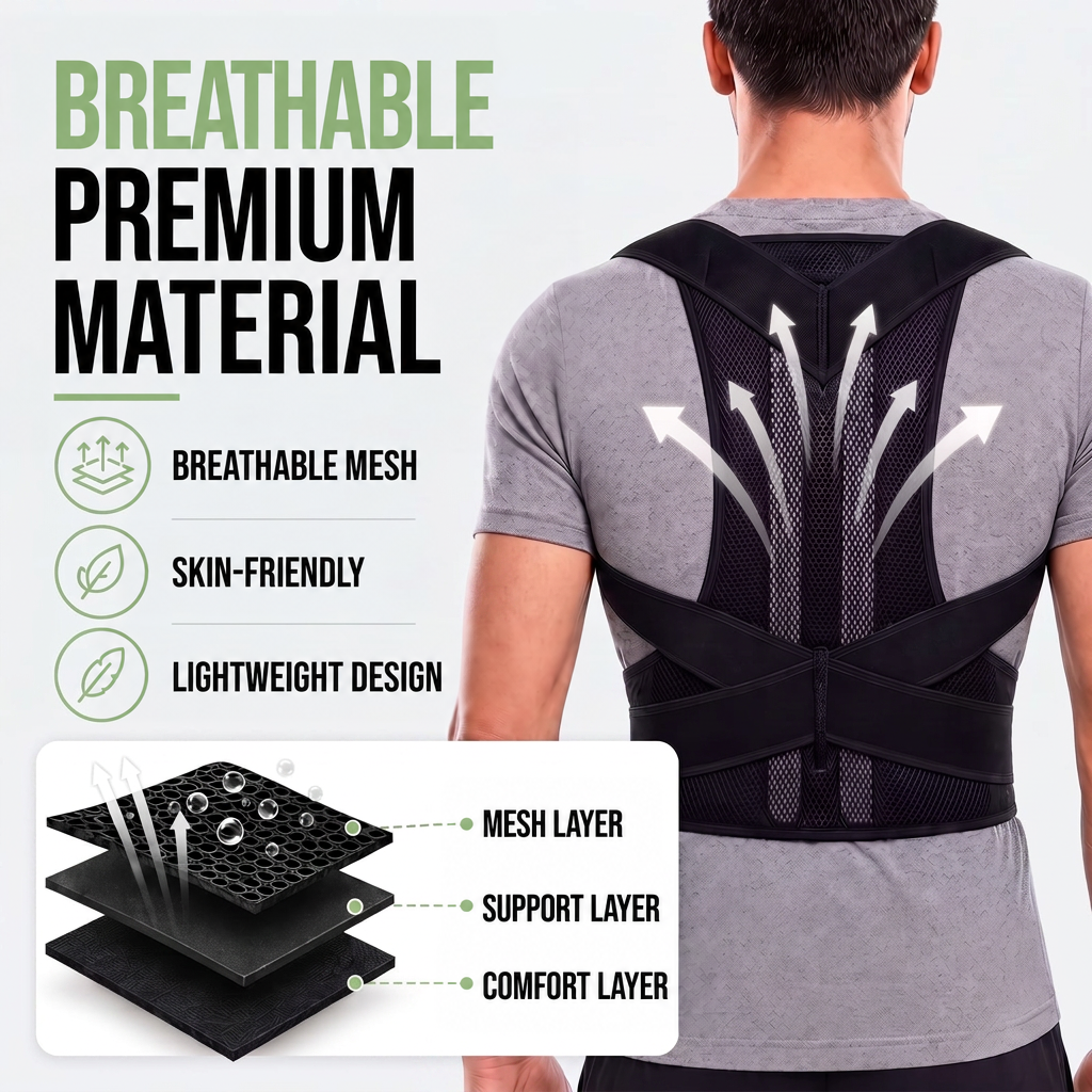 Man from behind in the black brace with airflow arrows and an exploded diagram of its three material layers. 7